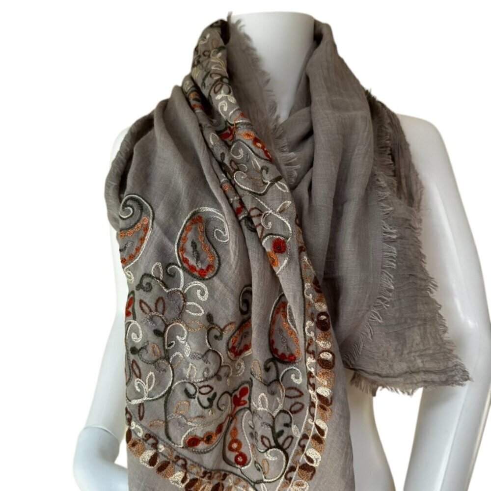 Huge Embroidered Lightweight Oversized Beige Colorful Scarf Wrap Coverup